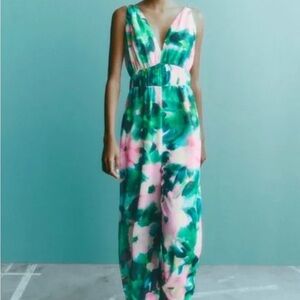 Zara Green and Pink Floral Jumpsuit